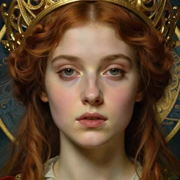 detailed realistic beautiful young medieval queen face portrait by jean delville, art nouveau, symbolist, visionary, gothic, pre - raphaelite
