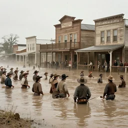 flood on Wild West town, crowd  cowboy at high noon, 1890 hyperrealistic