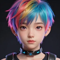 character concept art of a cute young cyberpunk boy with colorful hair and collar | | cute - fine - face, pretty face, key visual, realistic shaded perfect face, fine details by stanley artgerm lau, wlop, rossdraws, james jean, andrei riabovitchev, marc simonetti, and sakimichan, trending on artstation