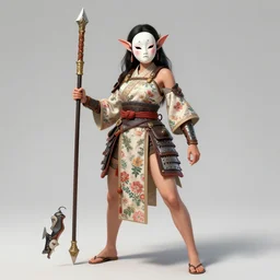 full - bodied portrait, female changeling in floral - patterned eastern light armor, wielding a decorated halberd, barefoot in sandals, noh theatre mask, mischievous, capricious, energetic, provocative, seductive, realistic proportions, reasonable fantasy art, many colors, detailed, in the style of dnd illustrations.