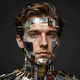 portrait photo of a man made from computer parts, Perfect face, extremely high details, realistic, by Giuseppe Arcimboldo, Edward Hopper, Rene Margitte
