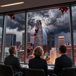 macro photograph large technology company executives gazing out through a large skyscraper window covered in blood in front of severe weather storms, Los Angeles detailed ambient lighting, hyper realistic, vibrant colors, cinematic, Fantasy art style, digital art painting by Neil Blevins, cinematic, 35mm grain filter, artstation