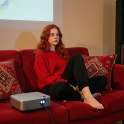 photograph of red hair girl with a red sweater and black sweat pants sitting confortable in a red sofa with red persian pillows, projector in the room with a movie, warm lighthing