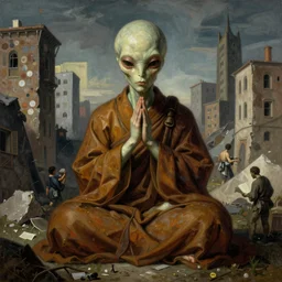 dystopian surreal painting alien monks praying to a single eerie head statue surrounded by uneven buildings, artstyle by zdzisław beksinski and caravaggio