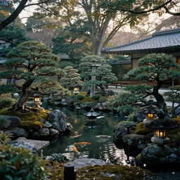 a cinematic view of a garden in japan, raking light, very early morning, intricate detail, koi pond, bonsai trees, japanese lanterns, greg rutkowski, craig mullins