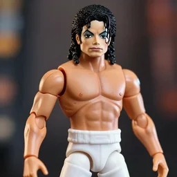 michael jackson muscular powerlifter by neca!!! pretty! beautiful! shirtless muscular white pants very detailed realistic action figure by neca close up head shot in the style of neca, character by neca, film still, bokehs