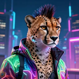 a beautiful commission portrait of a male anthro cheetah wearing a neon jacket,futuristic,detailed face,mohawk,cyberpunk city,deviantart,artstation,art by greg rutkowski,ross tran,professional lighting,neon city,night,raytracing,highly realistic,4k,dramatic,hyperrealism