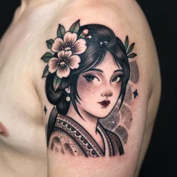 tattoo design, stencil, traditional, beautiful portrait of a Asian girl with flowers in her hair, upper body, by artgerm, artgerm, digital art, cat girl, sexy, large eyes