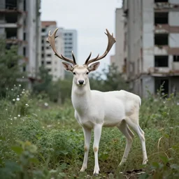 professional photograph of a white deer standing in front of an abandoned city overgrown with plants, hd, 4 k