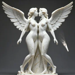 a statue made of white marble with gold veins of two beautiful gorgeous futuristic cybernetic angel girls kissing each other, prostheses transhumanism, full body shot, perfect symmetrical body, perfect symmetrical face, hyper realistic, hyper detailed, by johannen voss, by peter kemp, by monia merlo, by michelangelo, octane render blender 8 k