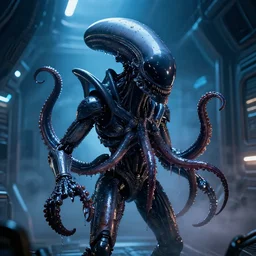 2 8 mm closeup portrait of a wet slimy dripping black metallic chrome mass effect robotic lovecraft octopus xenomorph alien with glowing eyes in science fiction spaceship hallway, dramatic lighting, octane, blue lights, lens flare, industrial, dirty, trending on artstation, golden ratio, h. r. giger, mist, action, volumetric lighting