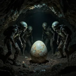 miners in a dark cave discovers an alien egg, low quality shot, eerie, bizarre