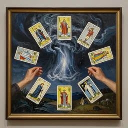 tarot cards being cast from a magical storm,, painting in the museum, highly detailed, sharp focus, digital painting, artwork by kinkade