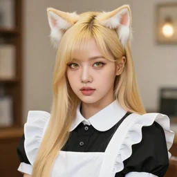 realistic beautiful gorgeous natural cute Blackpink Lalisa Manoban blonde hair cute fur blonde cat ears in maid dress outfit golden eyes artwork drawn full HD 4K highest quality in artstyle by professional artists WLOP, Taejune Kim, Guweiz, ArtGerm on Artstation Pixiv