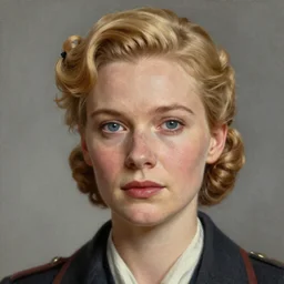 A Hearts of Iron IV portrait of a blonde German actress with high cheekbones. Dressed in 1940s style. Highly detailed, fine Art, high detail, great lighting, 8k resolution, masterpiece, concept art, illustration, clear eyes, painting oil on canvas, octane render, HDR, trending on artstation, 4k, 8k, HD