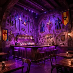a bar with medieval style interior, but covered in neon lights everywhere. walls are covered with arms and coats of teuntonic order, everything shines with rgb lights. ancient cabin with cyberpunk features. walls have medieval european weapons, relics flashing with purple light, hardwood tables in style of old 1 4 th century tavern. teutonic flags eveywhere.