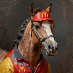 oil painting portrait of anthropomorphic horse animal dressed in modern american mcdonalds uniform, horse animal, mcdonalds hat, digital art