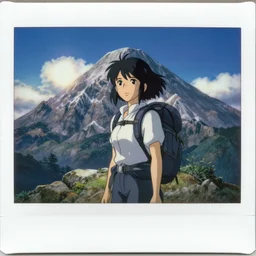 a 3 d polaroid film animation still portrait of a adventurer hiker girl atop a big mountain, finely detailed features, water, sun, gapmoe yandere grimdark, trending on pixiv fanbox, painted by greg rutkowski makoto shinkai takashi takeuchi studio ghibli, pixar,