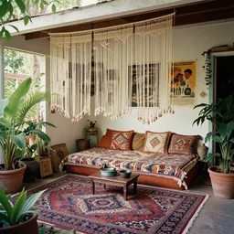 1969 living in an older house, hippie pad, hippie chic, antiques, tropical houseplants, beaded curtains, posters on the walls, Persian rugs, artstation, octane, 8K, mildly desaturated