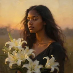 oil painting close up portrait of a contemplative young black woman with long dark flowing hair in a black dress, surrounded by white lilies!! at sunset, hazy, digital art, chiaroscuro, artstation, cinematic, golden hour, digital art painting by greg rutkowski, william - adolphe bouguereau, hazy atmosphere, cinematic lighting