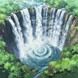 an epic makoto shinkai landscape with a waterfall, spirals, aerial view, ultra smooth, octane render