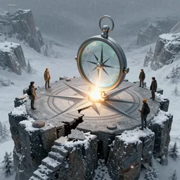 on a blizzard day, a huge and mysterious star watching compass stone platform on the cliff of genesis began to break, and light burst out from the compass. looking down at the lens, mysteries, simple by victo ngai, kilian eng and jake parker, anton fadeev, 2 d