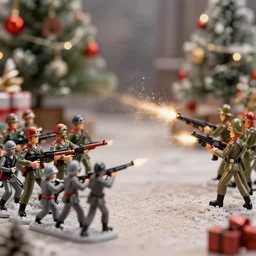 army of toy soldiers on Christmas causing mayham and shooting guns towards