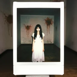a beautiful and eerie, vibrant instant photo of a pretty young woman wearing a white dress standing in a vast room with blood on the walls, something sinister is happening behind her