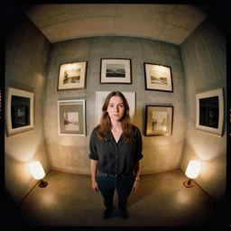 kodak portra 4 0 0, wetplate, 8 mm extreme fisheye, award - winning portrait by britt marling in a 1 9 9 0 s room, concrete, square square picture frames, shining lamps