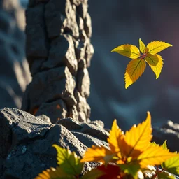 a closeup photorealistic photograph of a rock tower with some leaves, fantastic four theme. icy colorful drink. bright scene. fine detail. this 4 k hd image is trending on artstation, featured on behance, well - rendered, extra crisp, features intricate detail, epic composition and the style of unreal engine.