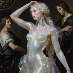organic cyborg princess, beautiful muse, synth, synthetic bio skin, futuristic translucent pearlescent skin, diffuse lighting, space opera, intricate, elegant, highly detailed,smooth, sharp focus, vogue poses, striking composition, vivid details, beautiful composition, painting in the style of sandro botticelli, caravaggio, albrecth durer, 8k