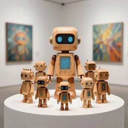 8 k photorealistic, a wooden art toys on a pedestal a cute robot wooden, cyberpunk concept art in a contemporary art gallery art, by afshar, petros