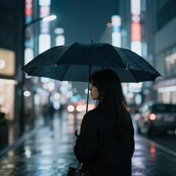 moody 2 0 0 mm shot of an umbrella in a rainy tokyo night, neon lights,