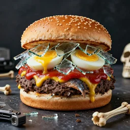 A burger filled with shattered glass, Rotten Egg, Ketchup, Mustard, Dirt, Mud, Fish, Skeleton bones, Computer Parts, Realism, Realistic, HDR Clear Image, HDD, Dynamic Lighting,