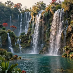 ultrarealistic photo, wallpaper, cosmic alien waterfalls, plants, and lake, insanely detailed and intricate, natural day warm lighting, pictures of landscapes, few red trees
