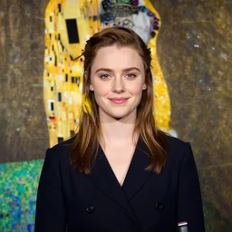 a portrait of female asa Butterfield mixed with pam beesly, a slight smile by gustav klimt