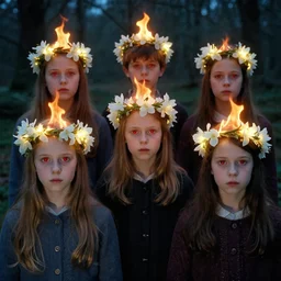 the chidren in the film midwich cuckoos wyndham. crowns of fire on their heads,. red eyes. white flowers. glowing