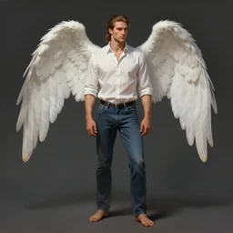 character concept portrait of a handsome male angel, Nordic ethnicity. Clean-shaven, hair in a ponytail. Shirt, jeans and barefoot. Distant full-body view. Digital painting, concept art, smooth, sharp focus, illustration, by Ruan Jia and Mandy Jurgens and Artgerm and William-Adolphe Bouguereau