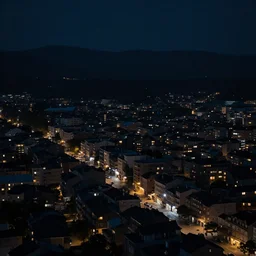 a mini town, mid night, dark, lonely