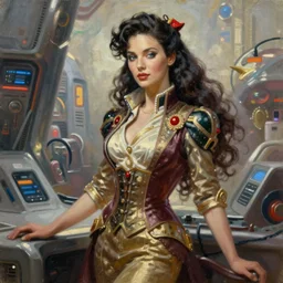 woman, long hair, ultra detailed, by greg hildebrandt fancy future century oil painting high quality clothed in fancy garb in pin up style