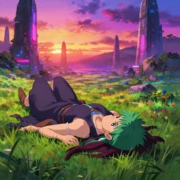 cyberpunk druid, anime key visual of monuments, neons, vibrant colors, finely detailed perfect details, delicate features, laying down in the grass at sunset in a valley, trending on pixiv fanbox, studio ghibli, extremely high quality artwork