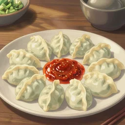 delicious dumplings with chilli sauce made by hayao miyazaki, ghibli art style