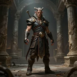 a highly detailed color portrait of a male tiefling standing in old temple, cinematic horror fantasy art, character art, stance art studies, pathfinder, art by michael whelan, frank frazetta, tim hildebrandt, gerald brom, keith parkinson