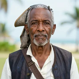 an award winning outdoors portrait photo of a black pirate hispanic stout short old man pirate with white mustache and serious face, short parted hair, movie color graded