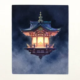 centered on watercolor paper, paint brush strokes, watercolor painting of a hovering miniature shrine, holy, enchanted, iridescent and ethereal at night, oriental, cinematic light, in the style of noriyoshi ohrai
