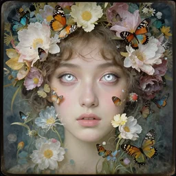 a beautiful young lady with huge bright silver eyes, explosion of flowers and butterflies, daguerreotype by pontormo, by gustave moreau, by Mackintosh, art noveau, highly detailed, strong lights, liminal, eerie, Bright pastel colors