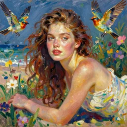 beautiful woman with glowing, youthful skin lounging on beach, idyllic scene, birds and flowers around her, by ilya repin, colorful