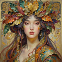 a beautiful woman in intricate detailed color oilpaint, 3 d render, hyper realistic detailed portrait, big flocking color leaves, silk tendrils, ornate leaves, elegant, intense colors, ruan jia, wlop. scifi, fantasy, hyper detailed, octane render, concept art, by peter mohrbacher, by alphonse mucha, by wlop, by ruan jia