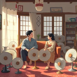 wide shot of asian couple looking at each other, sitting in rural living room, group of table fans placing around the room, day light, colorful mood, digital illustration by kyuyong eom and ruan jia, artstation behance pinterest