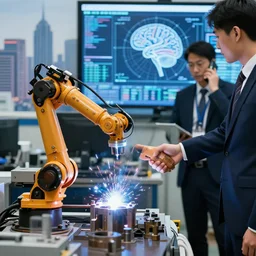 A robotic arm is shown welding metal parts together in a factory. Businesspeople are shaking hands in front of a cityscape. A computer screen displays a diagram of a human brain. A person in a business suit is talking on a cell phone.